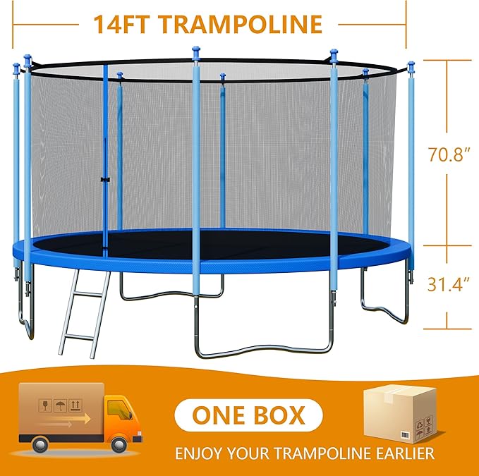 Trampoline with Enclosure - 12FT & 14FT Recreational Trampolines, Ladder, AntiRust Coating, ASTM Approved