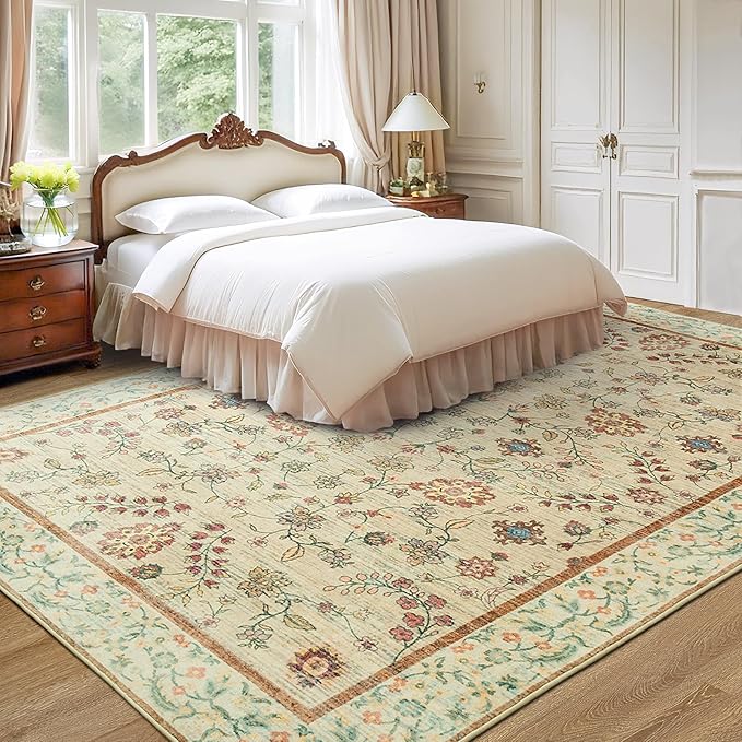 LOCHAS Washable Area Rugs 4x6, Beige Floral Rug for Living Room Bedroom Non Slip, Ultra Soft Vintage Indoor Carpet for Kids, Nursery, Dorm, Dining Room, Classroom, Boho Flower Home Decor, Low-Pile