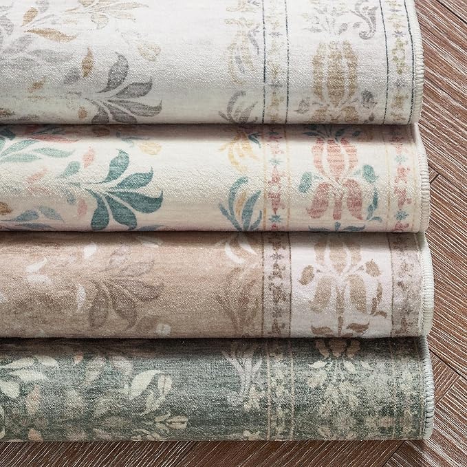 jinchan Vintage Floral Runner Rug 2x6 - Machine Washable Distressed Design Non-Slip Low-Pile Soft Thin Carpet for Hallway Kitchen Farmhouse Bedroom Entryway Laundry Room (2x6ft,Light Grey)