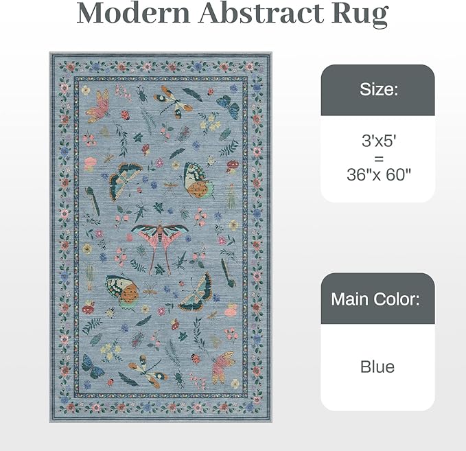 3x5 Washabl Rug with Insect Print - Bug Rug Non-Shedding Stain Resistant Soft Small Carpet for Bedroom, Low Pile Ultra-Thin Machine Washable Carpet for Nursery,Entrance, Office (3'x5' Blue)
