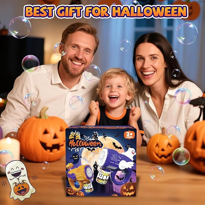 Halloween Bubble Machine Gun for Kids: 2 Pack Automatic Bubble Maker Blaster Toys with LED Lights, 10 Refill Solutions, Pumpkin & Ghost Bubble Blower for Halloween, Party Favor, Toddlers 3-8 Gifts