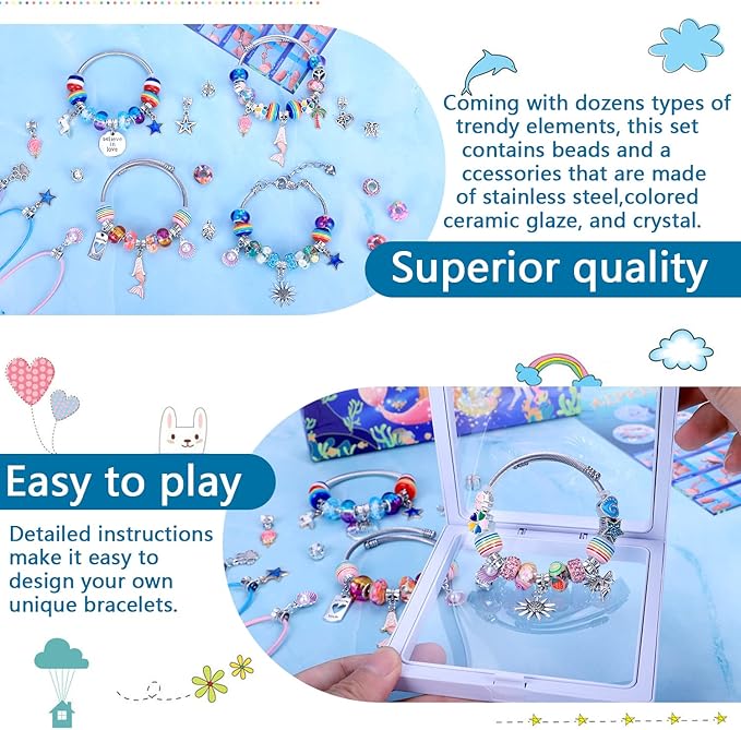 AIPRIDY Charm Bracelet Making Kit,Unicorn Mermaid Crafts Gifts Set Can Inspires Imagination and Creativity,Jewelry Making Kit Perfect Gifts for Girls 5-12 Years Old(72 Pieces Mermaid Aqua)