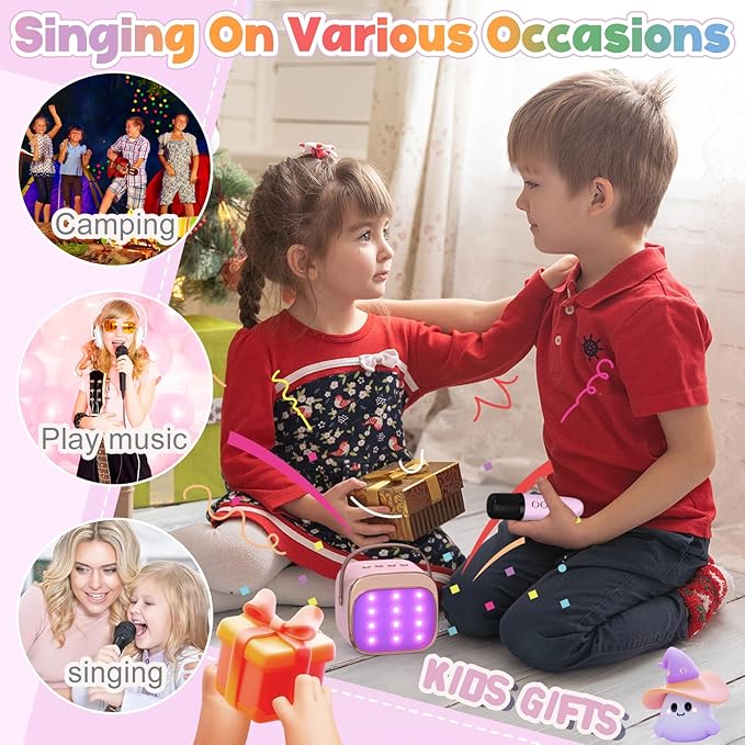 FLUESTON Mini Karaoke Machine for Kids Adults, Portable Bluetooth Speaker with 2 Wireless Microphones, Birthday Kids Gifts Toys for Girls Ages 3, 4, 5, 6, 7, 8, 9,10,11,12+ Years Old