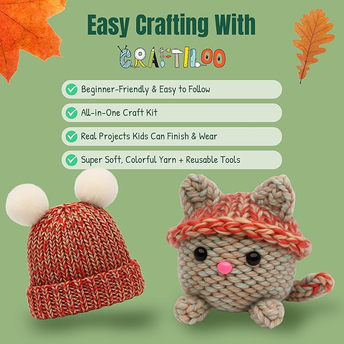CRAFTILOO Knitting Kit for Kids – Beginner Knitting Kit to Make a Hat & Cat – Quick Knit Loom Kit with Yarn, Tools & Instructions – Knitting for Beginners Kit for Girls & Boys Ages 8+