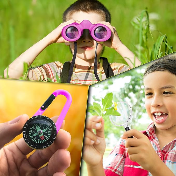 Promora Binoculars for Kids, Set with Magnifying Glass & Compass Purple - Perfect Toy for Little Boys and Girls, Kids Binoculars for 3-12 Years Boys and Girls Present for Toddler