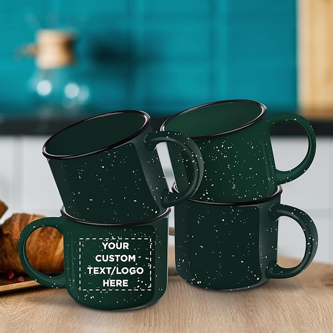 DISCOUNT PROMOS Custom Ceramic Campfire Coffee Mugs 13 oz. Set of 100, Personalized Bulk Pack - Perfect for Tea, Espresso, Cappuccino, Hot Cocoa - Green