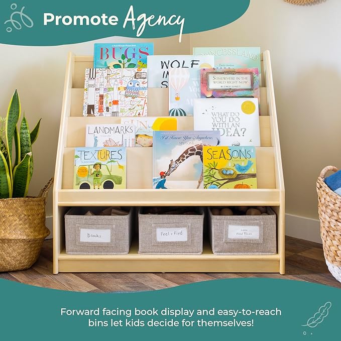 Guidecraft EdQ Book and Bin Display Natural with 3 Fabric Storage Bins: Wooden Multi-Purpose Bookcases and Toy Storage Organizer; Homeschool and Classroom Furniture