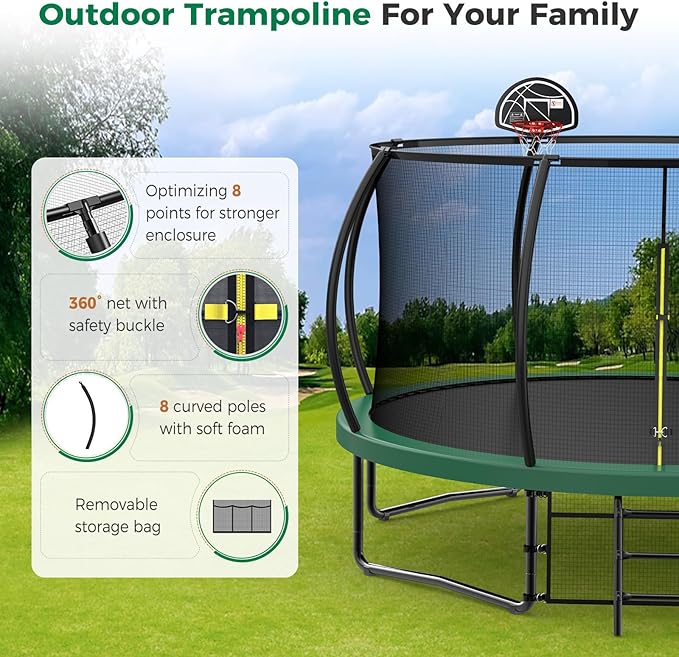 Tatub Large Trampolines Outdoor 10 12 14 15 16FT for Kids and Adults,Outdoor Recreational Pumpkin Trampolines with Curved Poles and Safety Enclosure Net, Basketball Hoop, Ladder