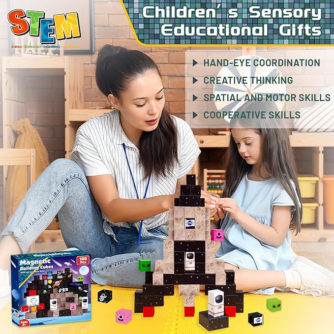Goody King 100PCS Space Rocket Magnetic Building Blocks |Space Adventure Magnetic Tile Set, STEM Montessori Stacking Toy, Building Playsets for Boys and Girls Ages 3-10,Sensory Tile Christmas