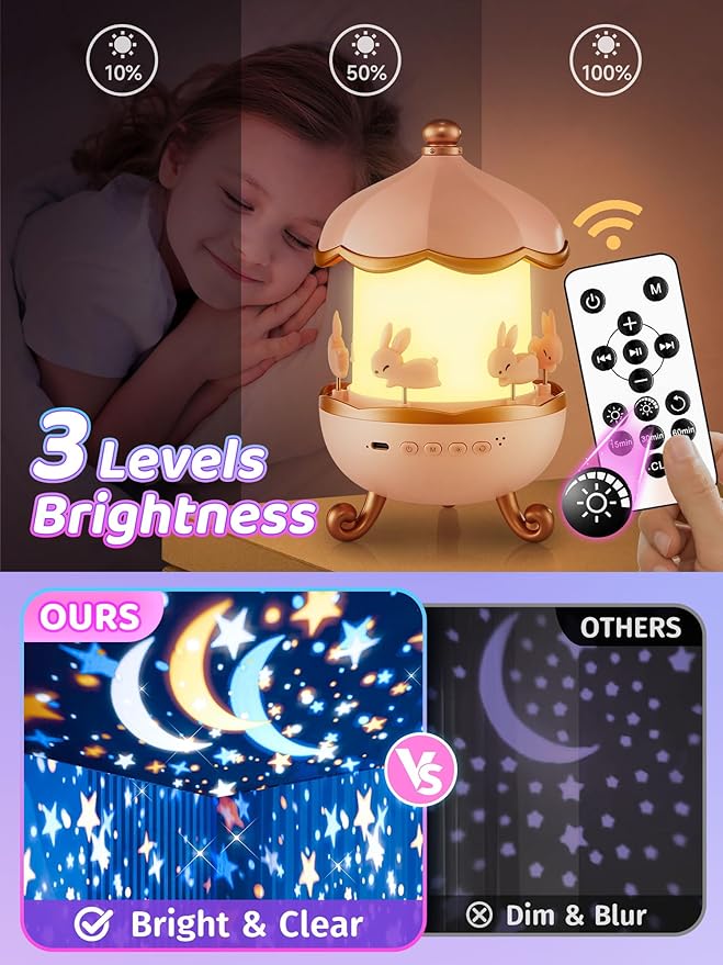 Carousel Night Light for Kids, 10 Music+15 Films+315 Colors Star Projector for Kids Night Light Projector,360°+Remote+1200mah Star Lights for Ceiling, Unicorn Toys for Girls Room Decor Princess Gifts