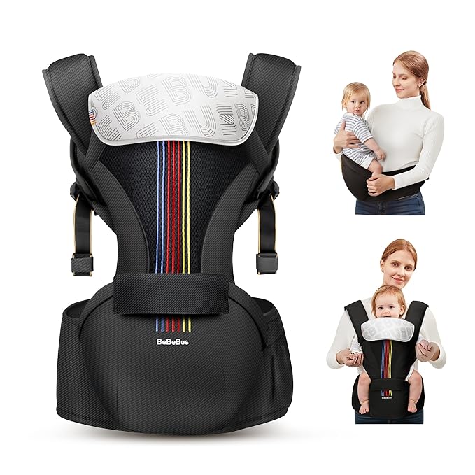Baby Carrier with Hip Seat, BeBeBus 2-in-1 Ergonomic Newborn to Toddler Carrier up to 44 lbs, Detachable Hands-Free for Infant, All Season Forward-Facing Carry, Fits Waist Sizes up to 38 inch (Black)