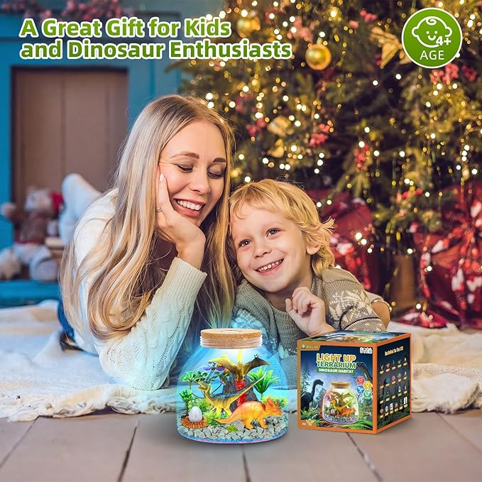 Dinosaur Light Up Terrarium for Boys – DIY Prehistoric Garden with LED | STEM Toy & Craft Gift for Kids Ages 4-8, Perfect for Birthday or Christmas
