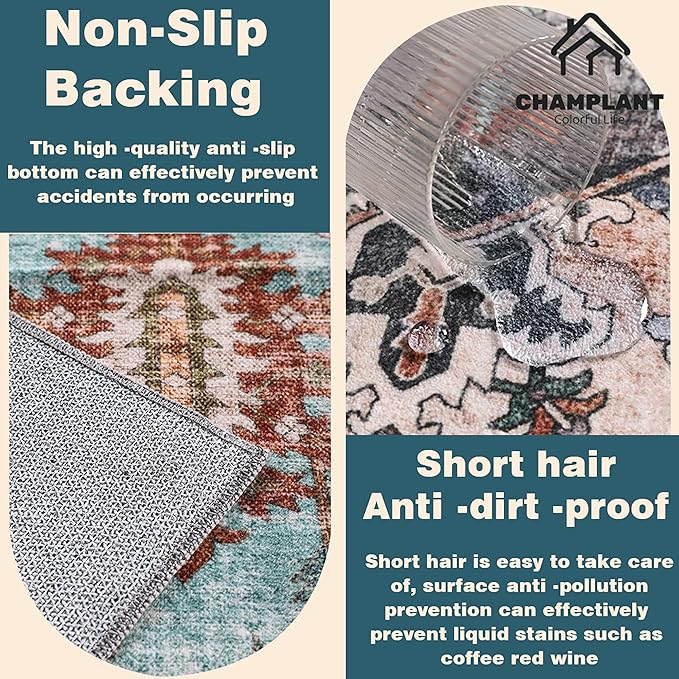 Area Rug 5'x7' Blue Khaki Washable Vintage Traditional Floor Cover Thin Retro Kitchen Indoor Distressed Non Slip Carpet Floral Print Mat for Living Room Bedroom Dining Room