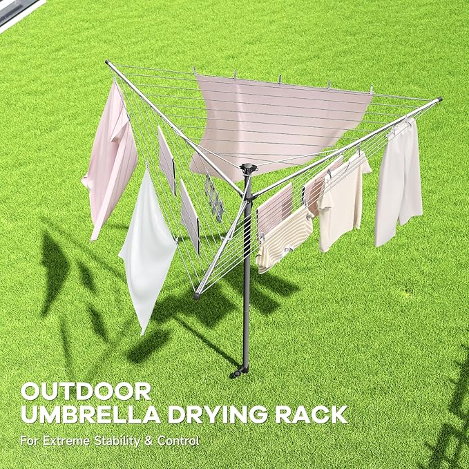 APEXCHASER Clothes Drying Rack, Outdoor Umbrella Drying Rack, Rotary Metal Drying Rack Clothing Foldable, 3-Arms Umbrella Clothesline with 98ft, Steel Frame, Backyard