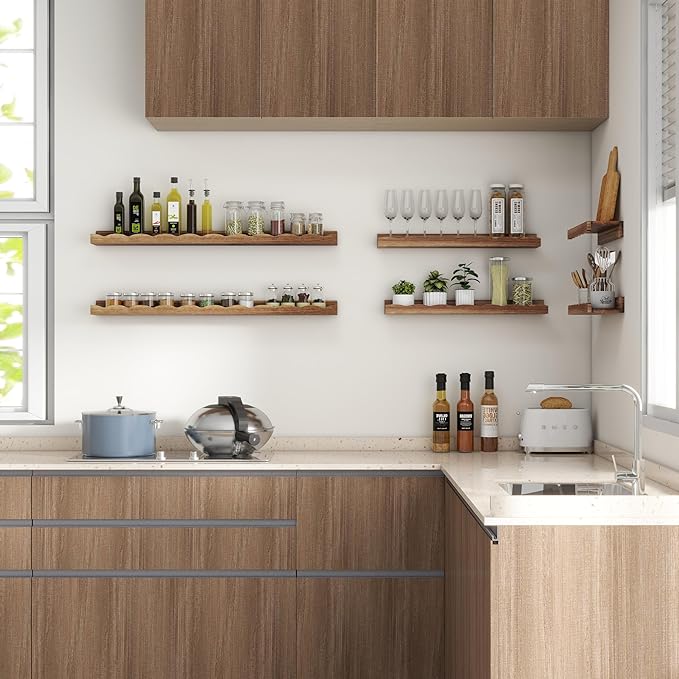 Fun Memories Picture Ledge Shelf for Wall, 16 inch Pine Wood Nursery Book Shelves Set of 4- Wall Book Shelves for Kids Room, Home Decor - Kitchen Spice-Carbonized