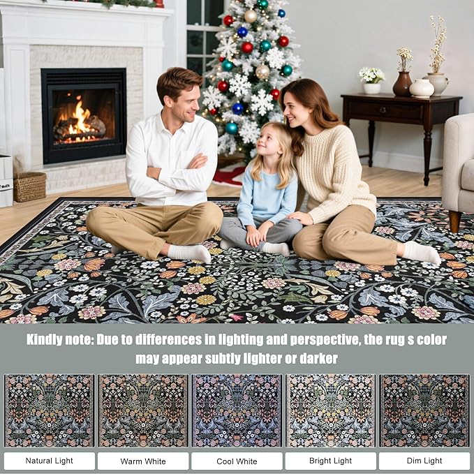 Area Rugs 9x12 Living Room: Floral Washable Rug Vintage Large Soft Boho Non-Slip Carpet Indoor Stain Resistant Low Pile Carpets for Bedroom Dining Room Farmhouse Nursery Hallway Home Office Dark Black