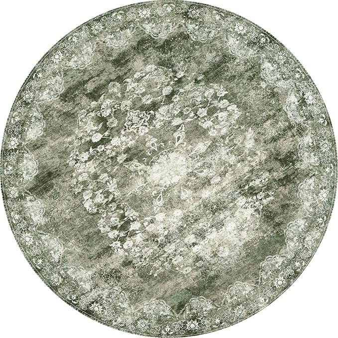 jinchan Round Rug 7ft Area Rug - Green Vintage Floor Mat Kitchen Indoor - Washable Circle 7' Thin Floral Print Carpet Retro Farmhouse Non Slip Dining Room Living Room Bedroom Office
