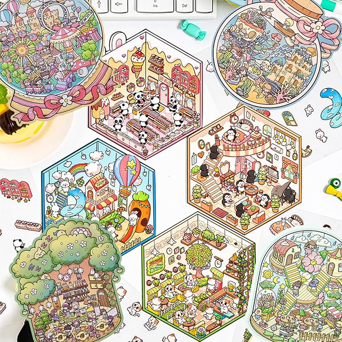 DIY 3D Sticker Scene,8 Sets Pack(500+), Reusable Sticker Book, Cute Sets for Free Combination, Cute Waterproof for Anywhere, Crafts Party Favors Birthday Gift