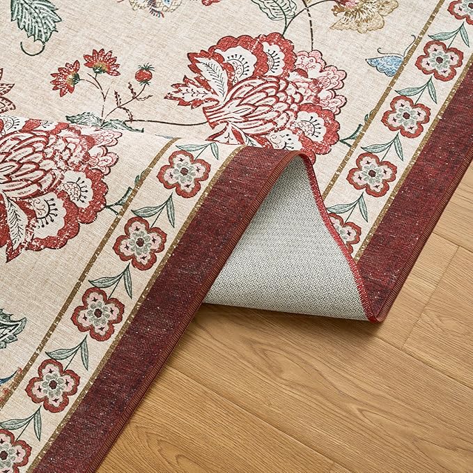 jinchan Floral Corner Rug for Living Room Washable Bedroom Rug Vintage Romance Design Non Slip Quarter Circle Lightweight Low-Pile Throw Carpet for Reading Nook Playroom,8ft Radius, Red/Beige