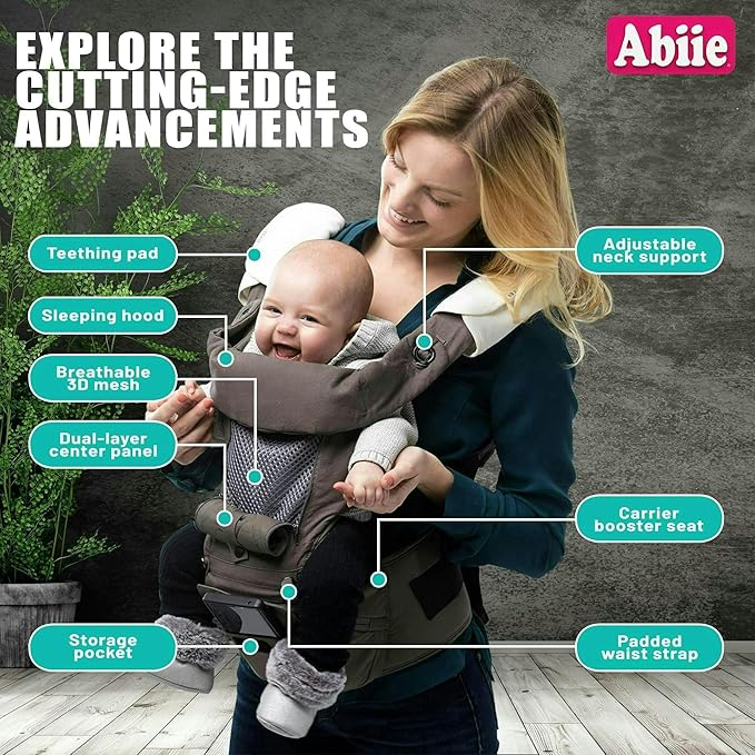 Abiie HUGGS 3-in-1 Baby Carrier with Hip Seat - Front Facing, Hip Hugger, Back Baby Carrier - Healthy Sitting (M) Position, 3 Mos.-Toddler - Buckle Type Closure - Approved by US Safety Standards