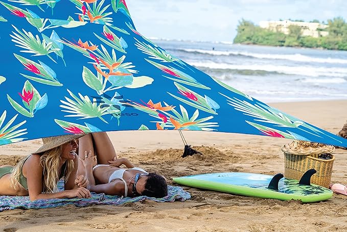 Neso Tents Beach Tent with Sand Anchor, Portable Canopy Sunshade - 7' x 7' - Patented Reinforced Corners (Tropical Floral)