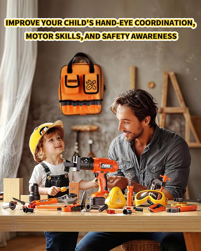 36Pcs Kids Tool Set, Toddler Tool Construction Toys with Belt & Electronic Drill for Boys Girls 3-5, Sturdy Tool Bag Suitable for Outdoor Use