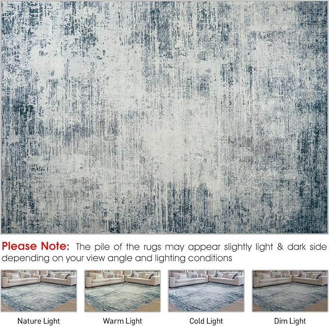 Area Rugs 8x10 Living Room Rugs: Modern Abstract Washable Rug with with Non-Slip Backing, Stain Resistant Indoor Floor Large Carpet for Bedroom Dining Room Table Nursery Hallway Home Office-Blue/Ivory