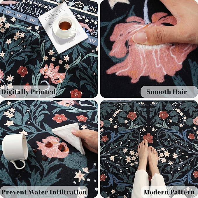 Door Mat Indoor Entrance 2x3 Rug Machine Washable Vintage Floral Botanical Small Area Rug Non-Slip Low Pile Throw Rugs for Entryway, Kitchen, Front Door Entrance, Entry, Kids Room, Black