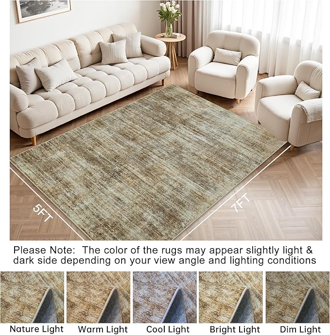 Area Rug 5x7 Living Room Rugs: Abstract Large Washable Rugs with Non-Slip Backing, Thin Carpet for Dining Room Table Bedroom Nursery Indoor Home Office-Brown