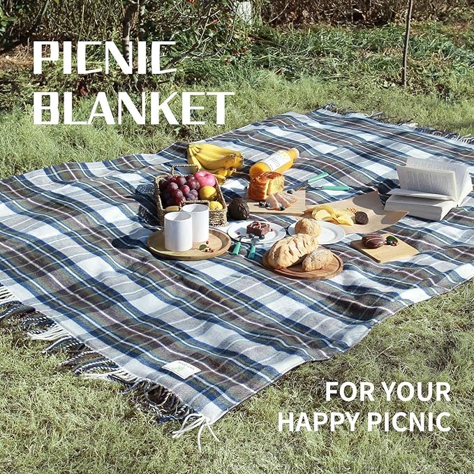 G GOOD GAIN Waterproof Picnic Blankets- Extra Large Outdoor Blanket Foldable, Beach Blanket with PU Handles, Sand-Proof Picnic Mat for Hiking, Camping, Lawn, Park, Grass. Blue Check