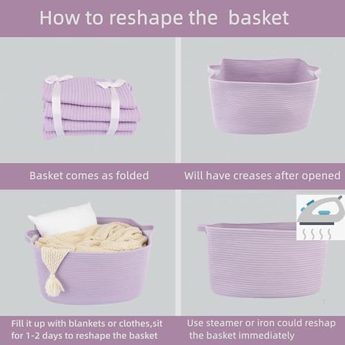 XUANGUO Large Woven Cotton Rope Blanket Basket 22"x17"x12" Lavender Purple - Image 7