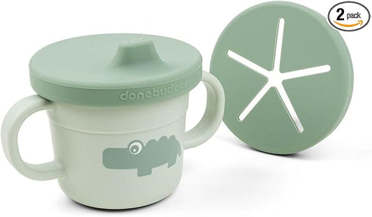 Done by Deer Foodie Spout & Snack Cup Croco Green – Spill-Proof Toddler Cup with Soft Silicone Lid – Durable, Easy to Clean, and Perfect for 6-Month-Olds