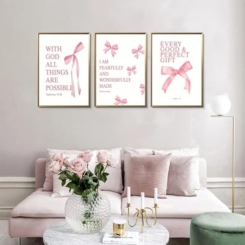 JBZDD Coquette Pink Bow Wall Art Decor Posters Set of 3, Inspirational Bible - Image 2