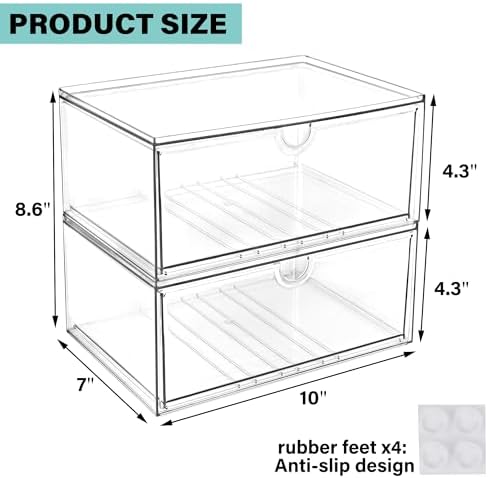 Prsildan Acrylic Makeup Organizer, 2 Pack Stackable Clear Storage Drawers - Image 3
