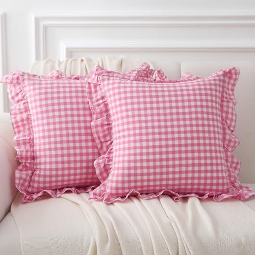 2 Pack Pink White Gingham Ruffle Throw Pillow Covers 18''x18'' by KMASANIJI