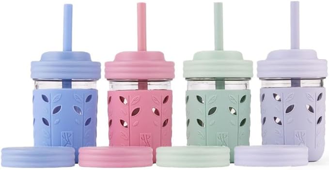 Elk and Friends Kids & Toddler Cups | The Original Glass Mason jars 8 oz with Silicone Sleeves & Silicone Straws with Stoppers | Smoothie Cups | Spill Proof Sippy Cups for Toddlers | 4 Pack