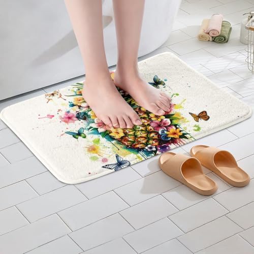 Erosebridal Pineapple Bathroom Rug Non Slip Watercolor Colorful Splash Floral - Image 4