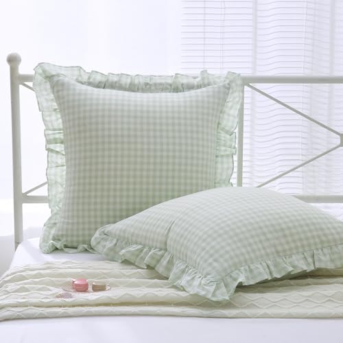 2 Pack Pile Green Gingham Ruffle Throw Pillow Covers 22''x22'' by KMASANIJI