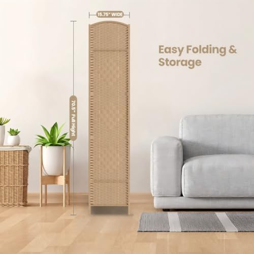 8 Panel Folding Room Divider, Woven Privacy Screen, Light Beige - Image 7