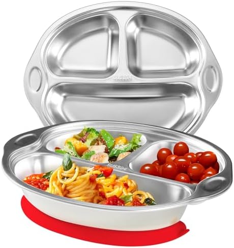 Stainless Steel Baby Suction Plate, Divided Toddler Plate ，red by MrsChou