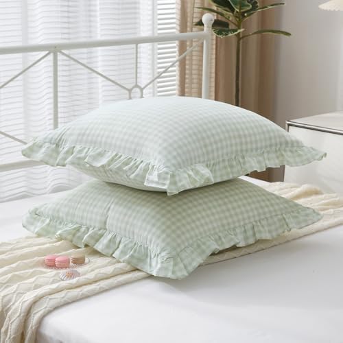 2 Pack Pile Green Gingham Ruffle Throw Pillow Covers 22''x22'' - Image 3