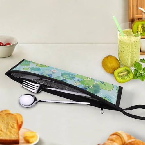 Lotus Leaf Print Reusable Travel Tableware Carrying Bag Storage Case Cutlery - Image 4