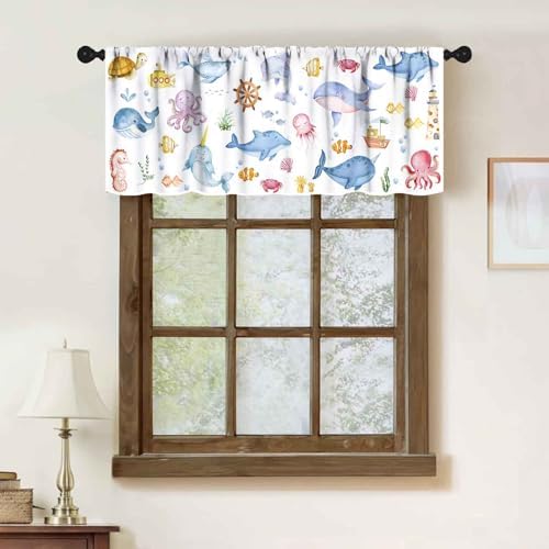 Kids Cartoon Window Valance, Cute Ocean Fish Shark Underwater Tropical Fish - Image 2