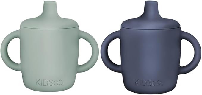 Silicone Sippy Cups with Easy Grip Transition Handles and a Soft Spout. a Non Toxic No Spill Unbreakable Training Cup 150ml/5oz |2-Pack Green and Navy|