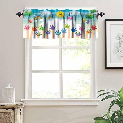 Kids Valance Curtain Colorful Rainbow Sun Puzzle Paint Handprint Bee Sun - Image 3