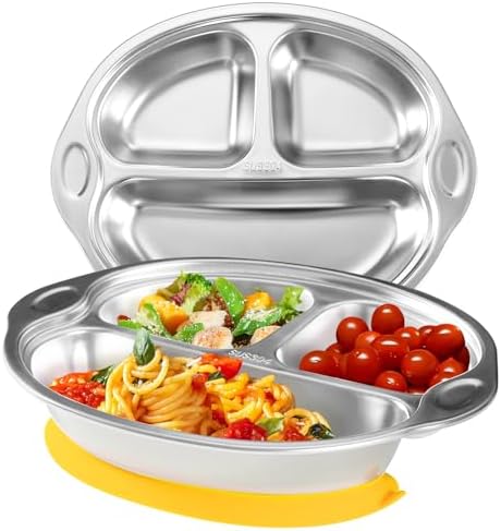 Stainless Steel Baby Suction Plate, Divided Toddler Plate ，yellow by MrsChou