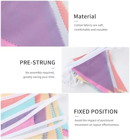 32ft Pastel Macaron Pennant Banner, 36 Piece Cotton Triangle Bunting - Image 3
