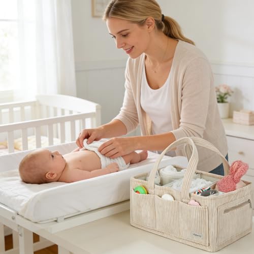 Diaper Caddy Organizer Beige Corduroy Nursery Storage Basket - Image 6