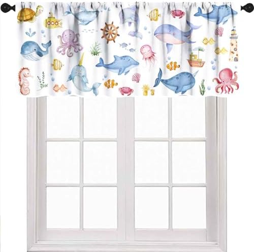 Kids Cartoon Window Valance, Cute Ocean Fish Shark Underwater Tropical Fish by Unknown
