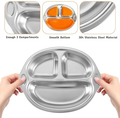 Stainless Steel Baby Suction Plate, Divided Toddler Plate ，orange - Image 5